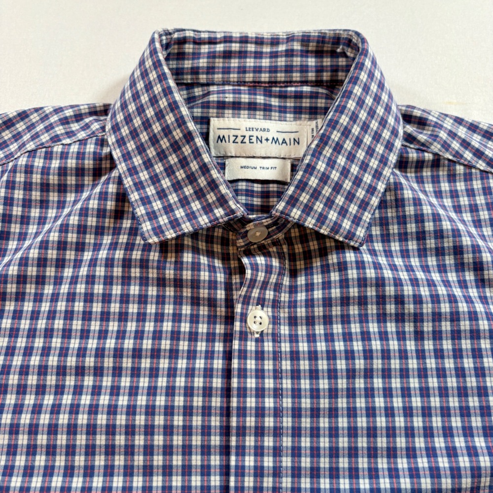 Mizzen+Main Leeward Dress Shirt Mens Medium Trim Fit Blue Check Performance L/S